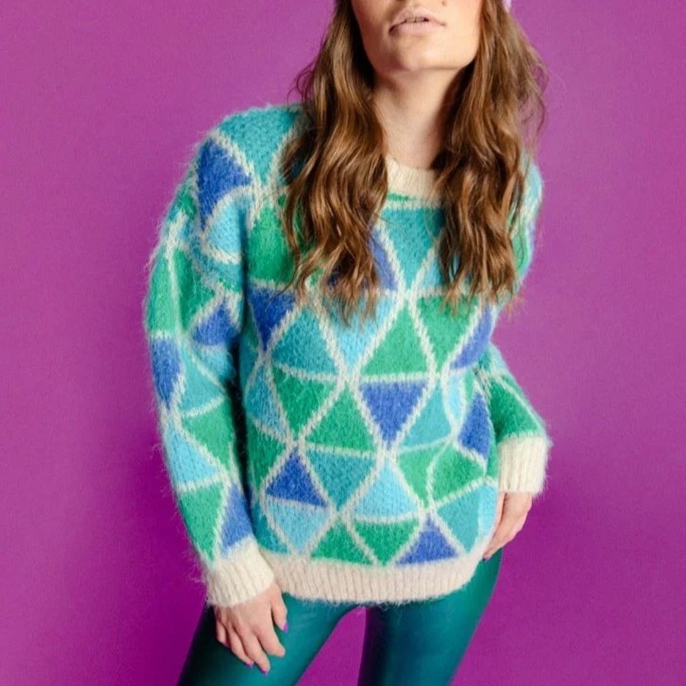 LILI SIDONIO ANTHROPOLOGIE WOMENS BLUE GREEN DIAMOND SWEATER MEDIUM